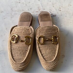 Jeffrey Campbell Beige Woven Raffia Slide Mules with Gold Bit